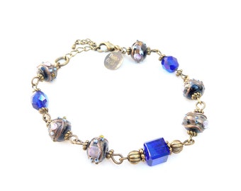 Brocante bracelet with blue handmade Czech glass beads