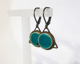 Ceramic earrings with folding brisure / brass socket movable / turquoise glazed / 12 mm /gift for you/ II-B7