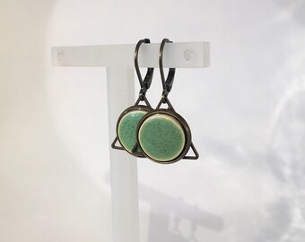Ceramic earrings with folding brisure / brass socket movable / grey-green glazed / 12 mm /gift for you/ II-B7