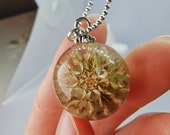 Green-brown pinecone sphere shaped necklace, silver chain Nature inspired jewelry handmade of epoxy resin Glossy, bright, colorful
