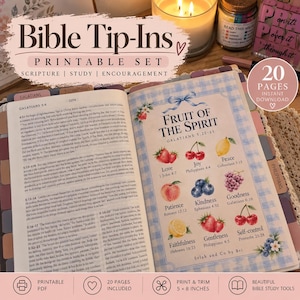 May include: A printable Bible tip-in set featuring 20 pages of scripture study and encouragement. The open book displays a Fruit of the Spirit page with watercolour illustrations of fruits, text references, and a blue gingham border design.