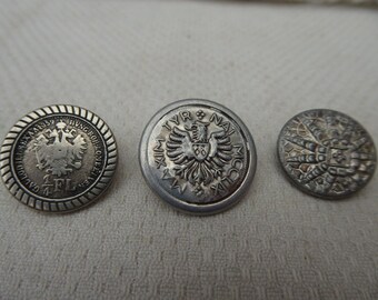 3 decorative buttons, metal buttons, silver, 2.8 cm