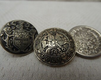 3 decorative buttons, metal buttons, silver, 2.8 cm