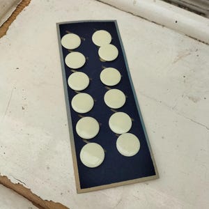 Puede incluir: Una tarjeta con 12 botones redondos blancos sobre un fondo azul. Los botones están dispuestos en dos filas de seis.