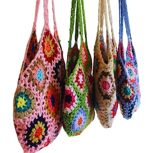 Handmade Crochet Knitted Shoulder Bag Granny Square Boho Tote for Summer Shopping Festivals in White Blue Pink and Green