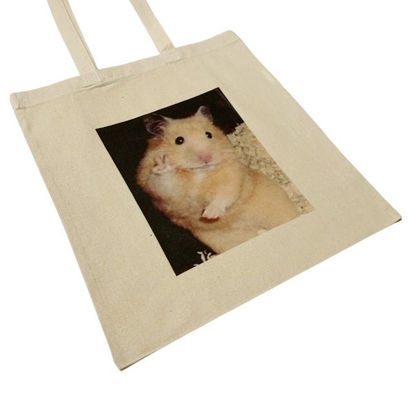 Cute Hamster Meme Tote Bag Peace Sign Scared Hamster Funny Meme Bag for Pet Lovers