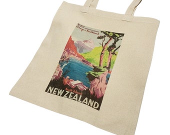 New Zealand Travel Poster Vintage Art Tote Bag with Lake and Mountain