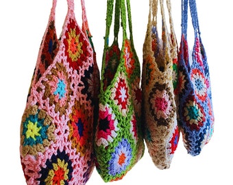 Handmade Crochet Knitted Shoulder Bag Granny Square Boho Tote for Summer Shopping Festivals in White Blue Pink and Green