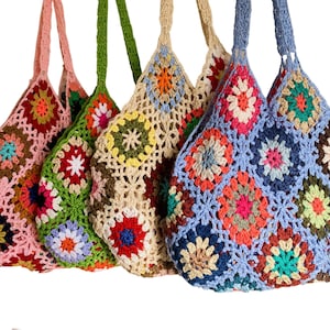 Handmade Crochet Knitted Shoulder Bag Granny Square Boho Tote for Summer Shopping Festivals