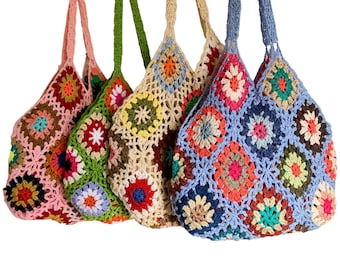 Handmade Crochet Knitted Shoulder Bag Granny Square Boho Tote for Summer Shopping Festivals