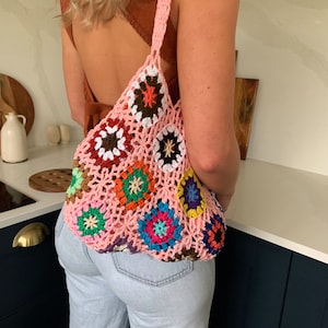 White Handmade Crochet Knitted Shoulder Bag Granny Square Boho Tote for Summer Shopping Festivals also in Blue Pink and Green image 8