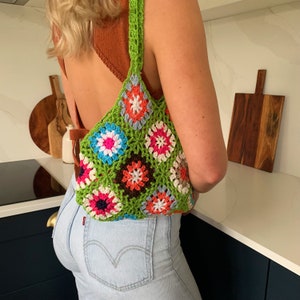 Blue Handmade Crochet Knitted Shoulder Bag Granny Square Boho Tote for Summer Shopping Festivals also in White Pink and Green Green
