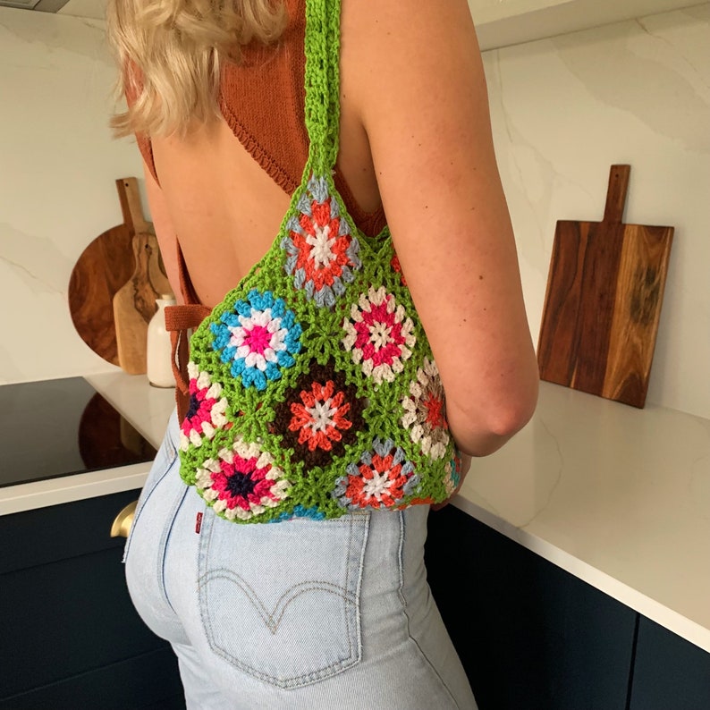 White Handmade Crochet Knitted Shoulder Bag Granny Square Boho Tote for Summer Shopping Festivals also in Blue Pink and Green Green