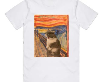 May include: White t-shirt with a print of a cat in the style of Edvard Munch's "The Scream". The cat is white and gray with a surprised expression. The background is a swirling pattern of yellow, orange, blue, and green.