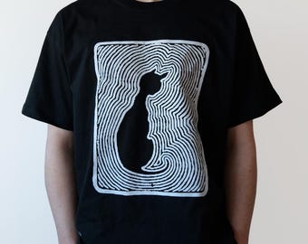 Black 18th Century Cat Art T-Shirt - Organic Heavyweight Cotton - Hand Silk Screen Printed - 250gsm Ringspun Cotton - UK Made - Cat Gift