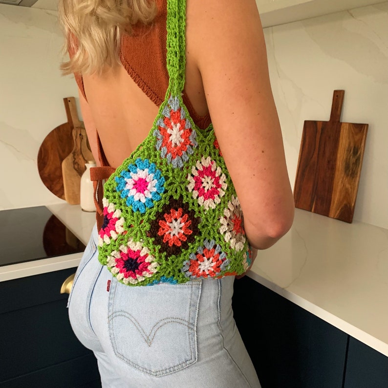 Handmade Crochet Knitted Shoulder Bag Granny Square Boho Tote for Summer Shopping Festivals Green