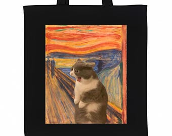 The Scream Cat Meme Tote Bag Vintage Art Meme Edvard Munch Artist Funny Cat Owner Lover Gift for Cute Animal Pet Fan