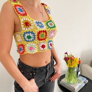 Handmade Crochet Crop Top Granny Square Pattern Yellow