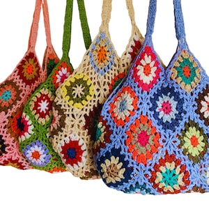 Sac à bandoulière tricoté au crochet fait main Grand-mère carrée bohème fourre-tout pour les festivals de shopping d'été Blanc