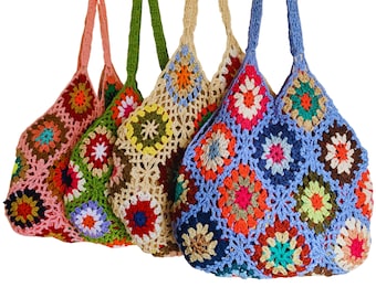 Handmade Crochet Knitted Shoulder Bag Granny Square Boho Tote for Summer Shopping Festivals