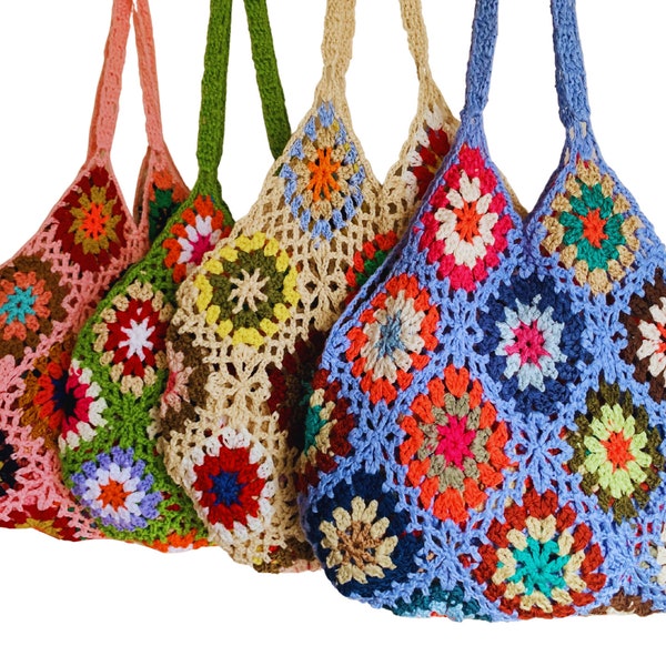 Sac à bandoulière tricoté au crochet fait main Grand-mère carrée bohème fourre-tout pour les festivals de shopping d'été