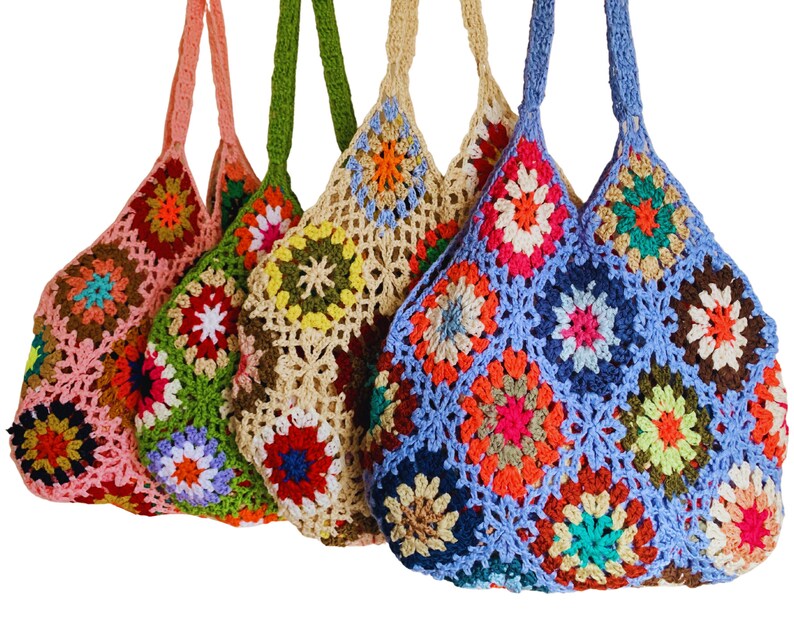 Sac à bandoulière tricoté au crochet fait main Grand-mère carrée bohème fourre-tout pour les festivals de shopping d'été Blanc