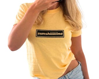 Sunshiiiiine Cropped Fit Baby Tee - Yellow Haze - Scree Printed by Hand - 90s Inspired Manchester Britpop Shirt - Retro Festival Tour Outfit