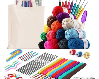 Kit DIY au crochet - 73 pièces - Crochets, 15 pelotes de laine, aiguilles, kit d'accessoires, sac fourre-tout et bien plus encore