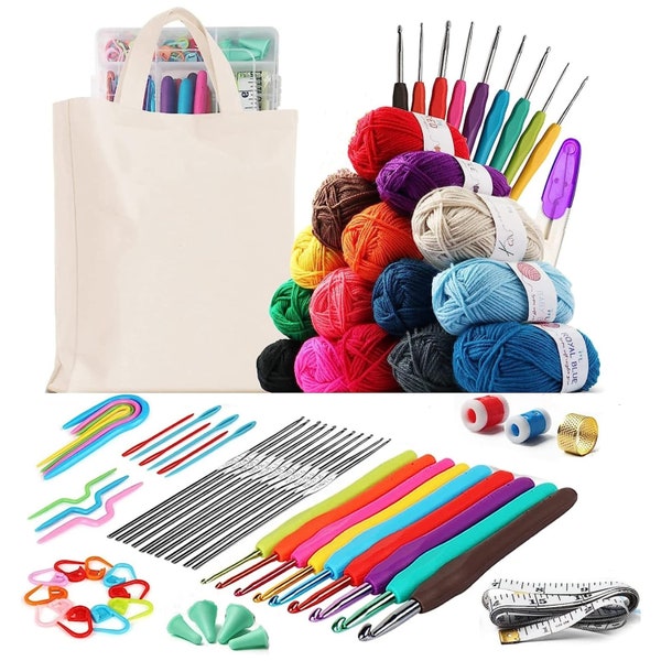 DIY Crochet Kit - 73 Piece-  Crochet Hooks, 15 Yarn Balls, Needles, Accessories Kit, Tote Bag & Lots More All Ages