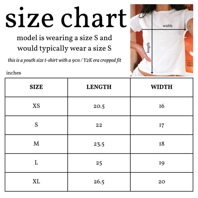 May include: Size chart for a youth t-shirt with measurements in inches for XS, S, M, L, and XL sizes. The chart shows the length and width of the shirt in inches.
