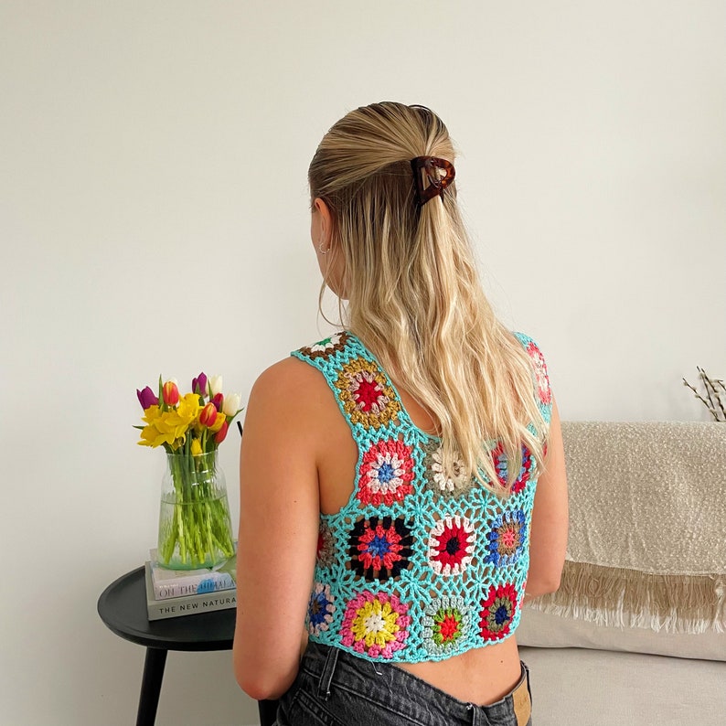 Handmade Crochet Crop Top Granny Square Pattern Turquoise