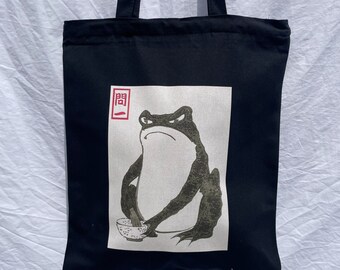 ジッパー付き黒の日本のカエルのトートバッグ 厚い10オンスの