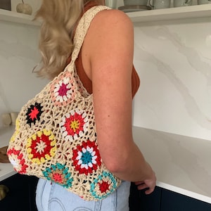 White Handmade Crochet Knitted Shoulder Bag Granny Square Boho Tote for Summer Shopping Festivals also in Blue Pink and Green image 5