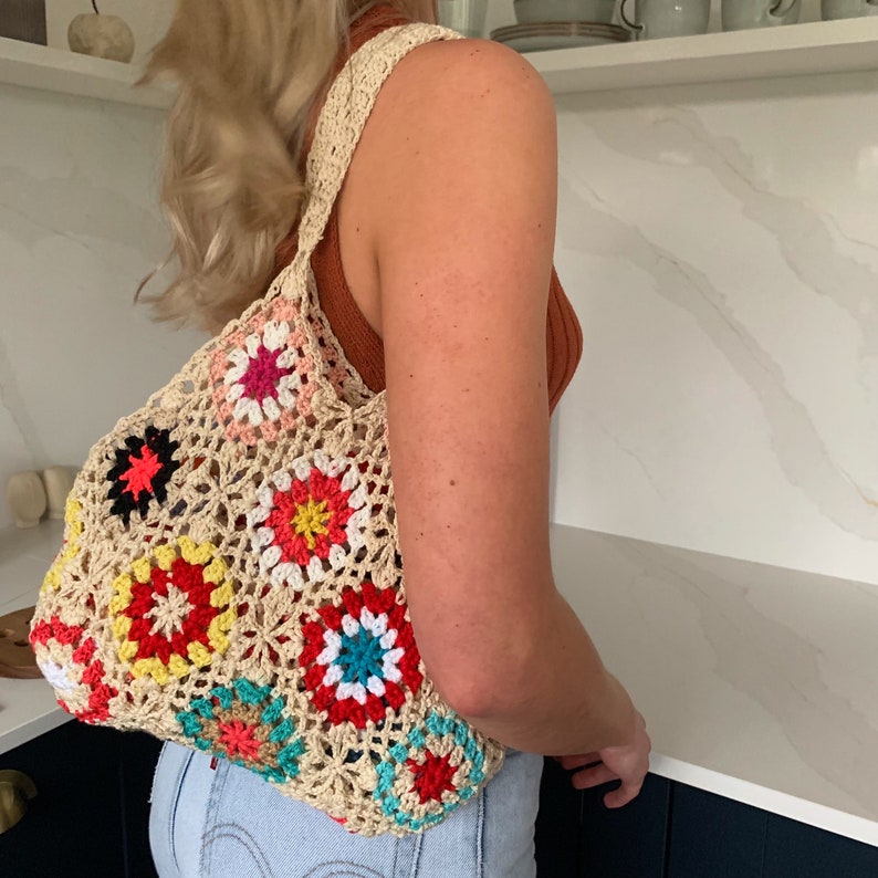 White Handmade Crochet Knitted Shoulder Bag Granny Square Boho Tote for Summer Shopping Festivals also in Blue Pink and Green image 5