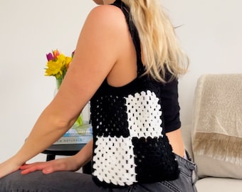 Black and White Handmade Crochet Shoulder Bag with Chequered Colour Pattern