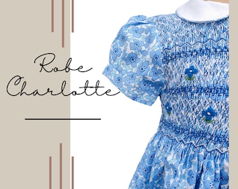 Robe à smocks bleu Charlotte. Robe à smocks florale. Robe de princesse. Robe à smocks à col claudine. Robe cérémonie pour fille. 4 ans à 10