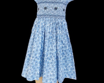 Charlotte blue smocked dress with ruffled cuffs. Floral smocked dress. Dress for princess. Spring summer smocked dress. Craftsmanship