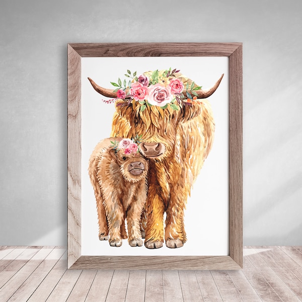 Highland Cow Nursery Wall Art, Mom and Baby Cow Nursery Print, Highland Cow Printable, Mom and Baby Cow Digital Printable