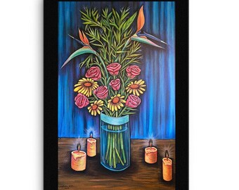 Floral and Candle Still Life Painting Stretched Canvas Print Ready-to-Hang, Birds of Paradise & Rose Still Life Vertical Wall Decor