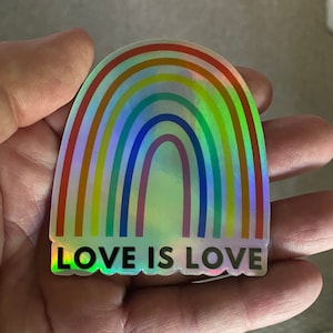 Love Is Love Vinyl Stickers, 3&quot;x3&quot; Holographic Rainbow Love Is Love Rainbow Waterproof Decal Stickers, Gay Pride Stick-On, LGBTQIA+ Stickers