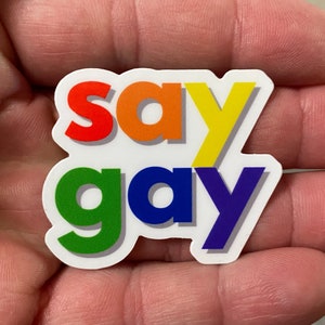 Say Gay vinylstickers, 2"x1,75" vinyl waterdichte Gay Pride-stickers, LGBTQIA+ Gay Pride zelfklevende gestanste stickers, Rainbow Say Gay-stickers