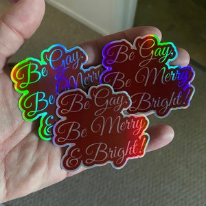 Ensemble de 3 autocollants Be Gay Be Merry & Bright, autocollants autocollants autocollants autocollants autocollants holographiques en vinyle holographique de vacances en vinyle rouge argent découpé, autocollant imperméable à l’eau