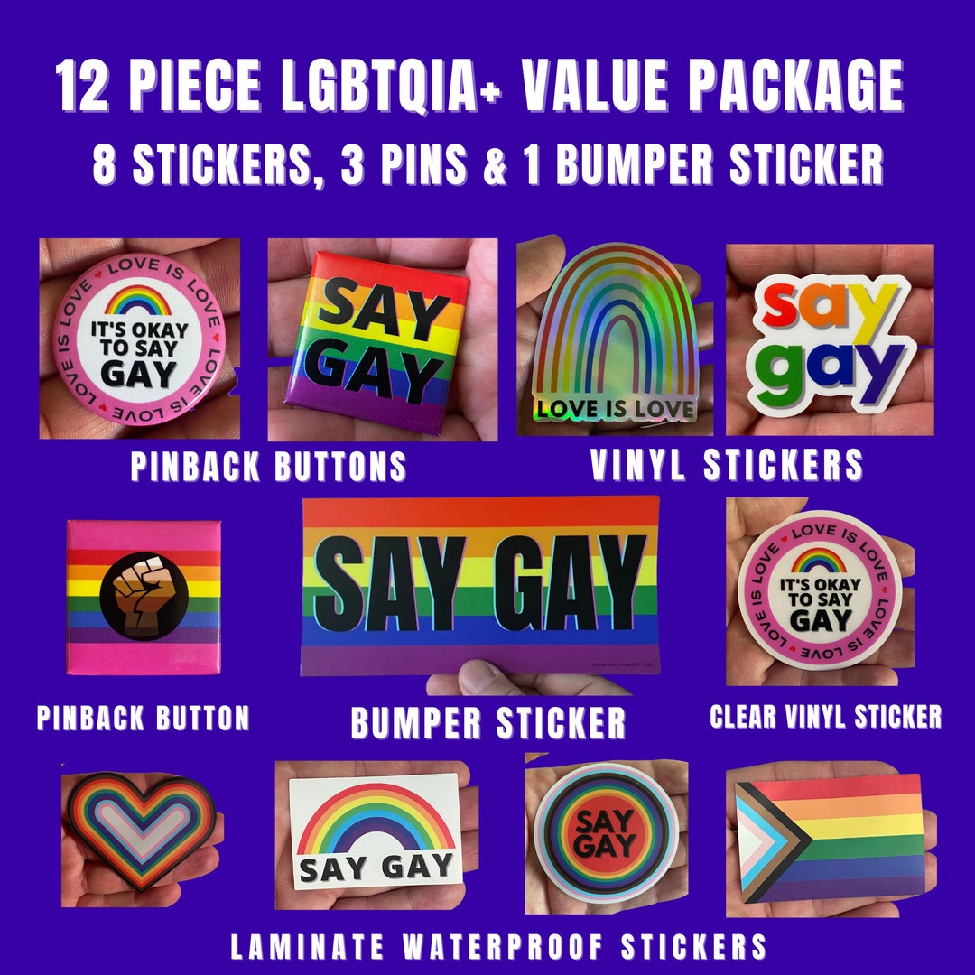 12 Piece LGBT Gear Gift Set Value Pack, Gay Bumper Sticker, Gay Pins, Gay Stickers, LGBT Ally