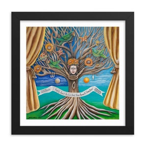 Frida Kahlo&#39;s Tree of Life Framed Art Poster, Colorful Tree with Mexican Traditional items, Blue Green Brown Yellow Framed Print Gift