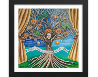Frida Kahlos Baum des Lebens gerahmtes Kunst Poster, bunter Baum mit mexikanischen traditionellen Gegenständen, blau grün braun gelb gerahmtes Druck Geschenk