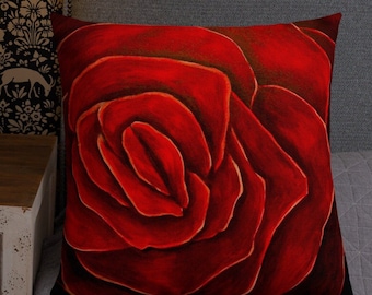 Red Velvet Rose Accent Pillow, Rose Home Decor Square Pillow, Red Floral Decoration Pillow, Filled Red Flower Pillow Gift, Gift for Her