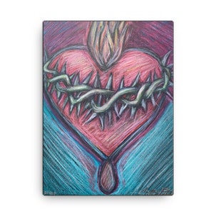 Corazon Sagrado Canvas Print, 16&quot;x12&quot; Sacred Heart Stretched Canvas Print, Corazon Wall Decor, Mexican Sacred Heart Spiritual Art Wall Print