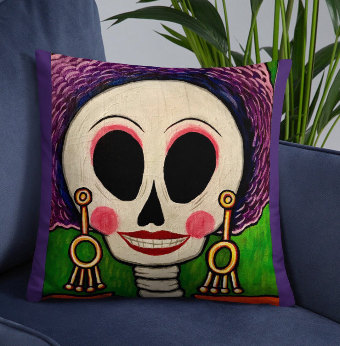 Day of the Dead Square Skull Pillow bright Printed Home Decor Furniture Accessory Purple Green Pink Modern Room Accent Housewarming Gift Etsy UK