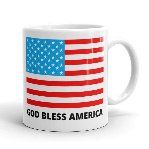 2 Sided God Bless America Flag Coffee Mug, Red White & Blue Drinking Glass, Statue of Liberty Coffee Mug, Patriotic USA Proud Quote Mug Gift