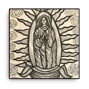 Virgin of Guadalupe Canvas Ready-to-Hang Stretched Art Print, Virgen de Guadalupe Wall Art, Saint Religious Spiritual Black & White Decor